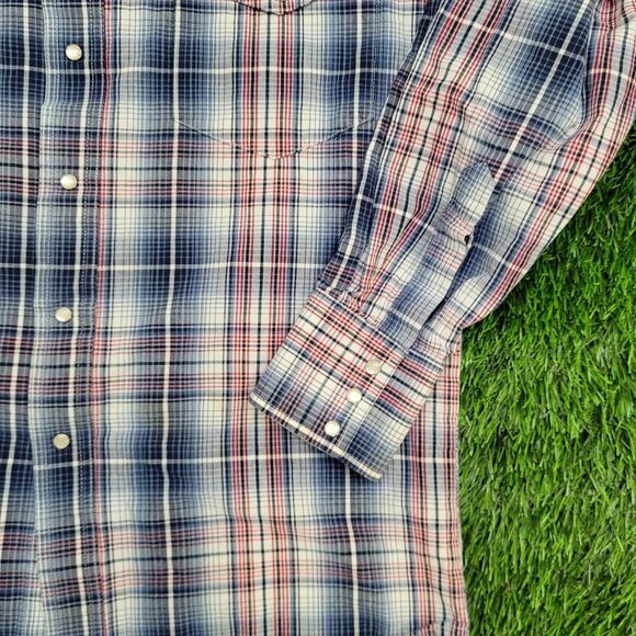Vintage 70s Wrangler Western Shadow Plaid Shirt Large 21x29 Blue - Picture 10 of 13